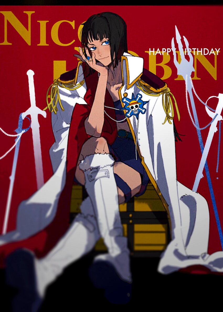 1girl alternate_costume black_hair blue_eyes blunt_bangs boots coat coat_on_shoulders crop_top crossed_legs happy_birthday head_rest highres jewelry jolly_roger looking_at_viewer medium_hair miniskirt multiple_rings nico_robin one_piece onecata11 planted planted_sword planted_weapon red_background ring sitting skirt smile solo straw_hats_jolly_roger sword treasure_chest weapon white_coat white_footwear