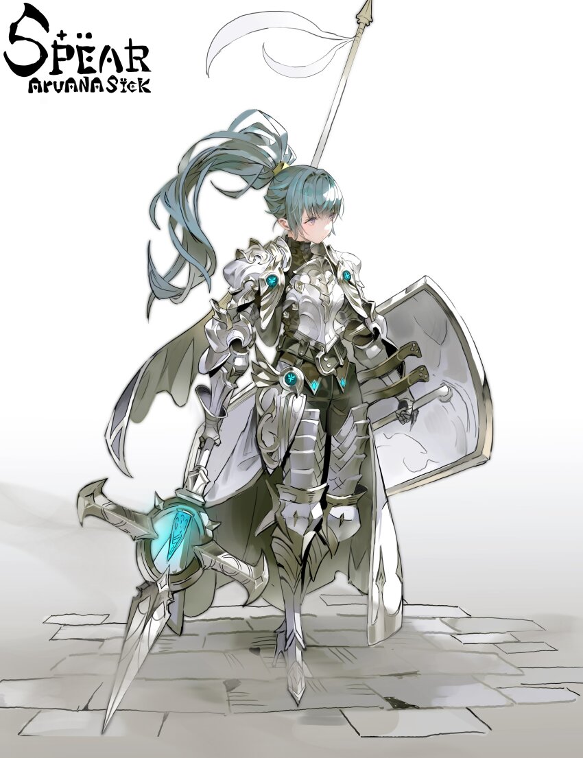 1girl absurdres armor armored_boots arowana2111 blue_hair boots breastplate cape highres holding holding_polearm holding_weapon long_hair original polearm ponytail purple_eyes shield shoulder_armor silver_armor weapon