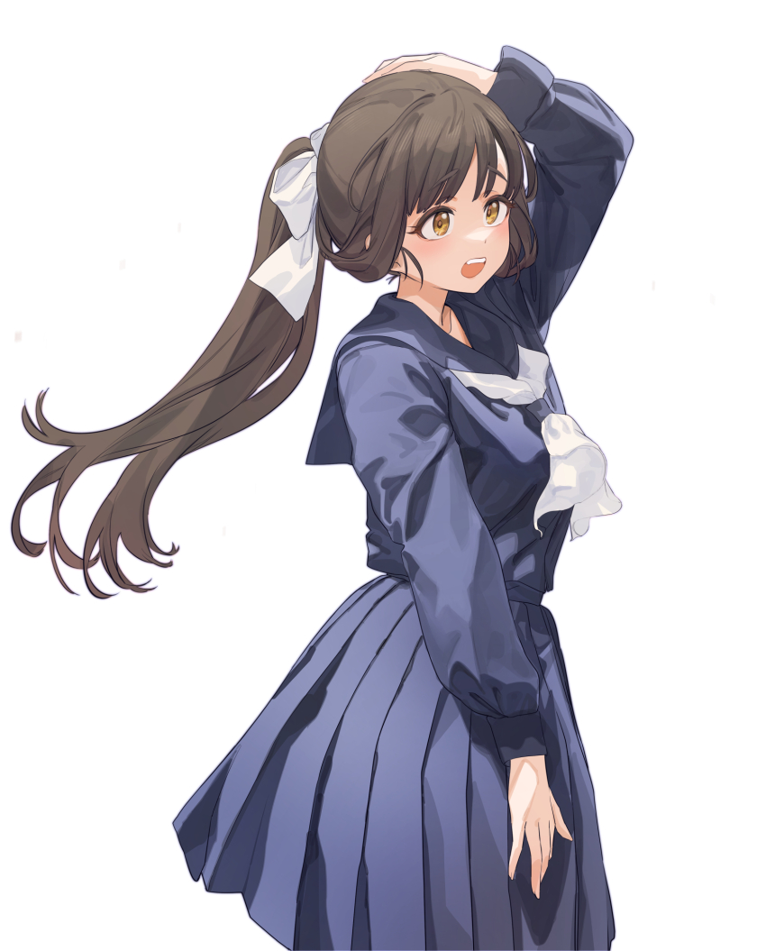 1girl aningay black_serafuku bow brown_eyes brown_hair character_request commentary_request girls&#039;_frontline girls&#039;_frontline_neural_cloud hair_bow hand_on_own_head hand_up highres korean_commentary long_hair long_skirt neckerchief open_mouth pleated_skirt ponytail school_uniform serafuku simple_background skirt solo teeth upper_teeth_only white_background white_bow white_neckerchief