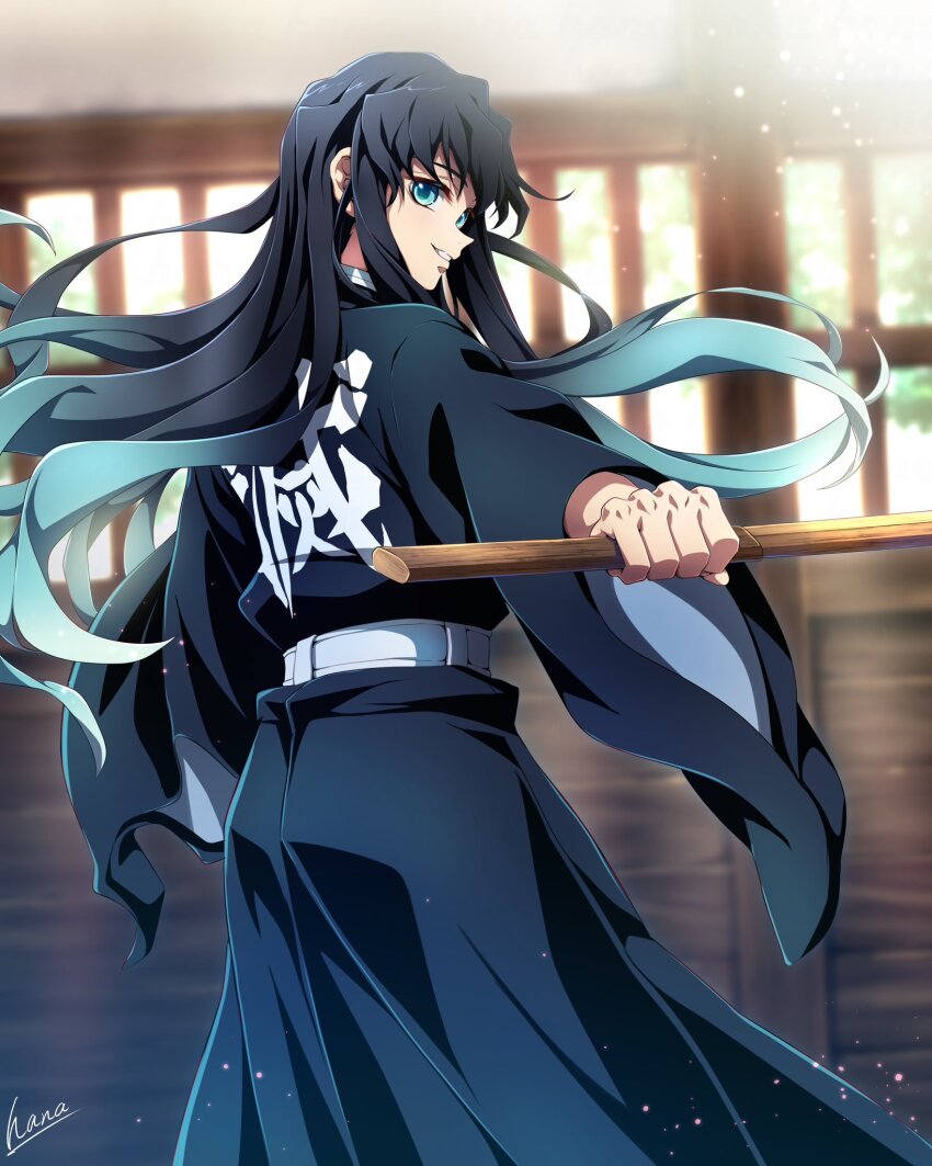 1boy aqua_eyes aqua_hair architecture belt black_hair black_hakama black_jacket bokken east_asian_architecture from_behind hakama hakama_pants hana_ni_nare highres holding holding_sword holding_weapon indoors jacket japanese_clothes kimetsu_no_yaiba long_hair looking_at_viewer looking_back male_focus multicolored_hair pants parted_lips signature smile solo sword tokitou_muichirou weapon white_belt wooden_sword