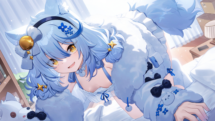 1girl animal_ears blue_hair breasts collarbone crawling dango_remi elza_(vtuber) flower_hairpin hair_ornament hair_tie hairband highres indie_virtual_youtuber mole mole_on_collarbone multicolored_hair official_art pajamas small_breasts smile solo star_(symbol) star_hair_ornament tail two-tone_hair virtual_youtuber wolf_ears wolf_girl wolf_tail yellow_eyes