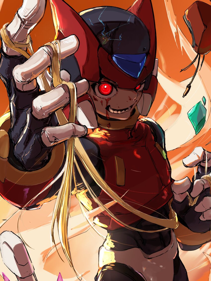 1boy absurdres armor battle_damage blonde_hair cowboy_shot forehead_jewel glowing glowing_eyes helmet highres long_hair male_focus mega_man_(series) mega_man_zero_(series) omega_(mega_man) omochi_(mochi_skymega) red_armor red_eyes red_helmet sharp_teeth solo teeth z_saber