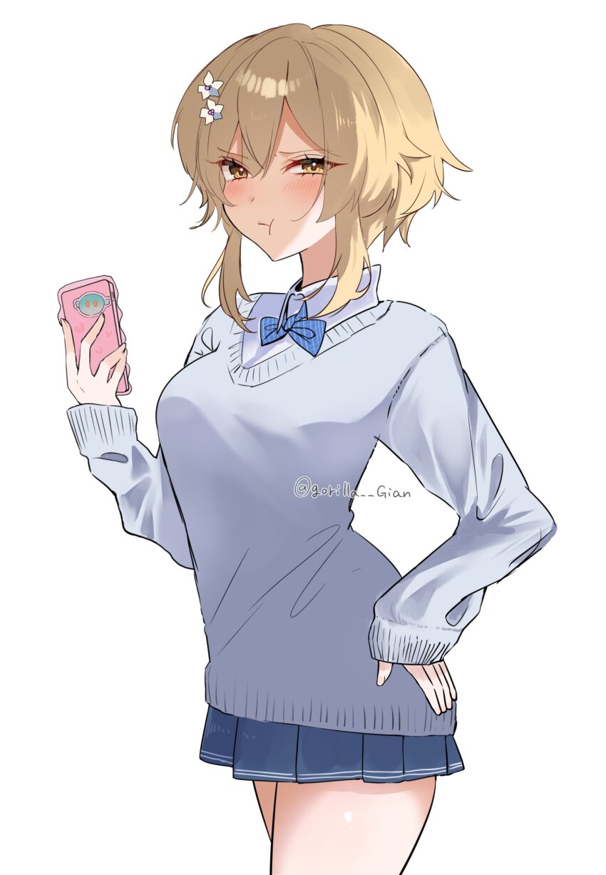 1girl :t alternate_costume blonde_hair blue_bow blue_skirt blush bow cellphone commentary_request cowboy_shot flower from_side genshin_impact grey_sweater hair_between_eyes hair_flower hair_ornament hand_on_own_hip hand_up highres holding holding_phone hotaboshi_yazuki looking_at_viewer lumine_(genshin_impact) phone short_hair_with_long_locks simple_background skirt smartphone solo squinting sweater white_background white_flower yellow_eyes