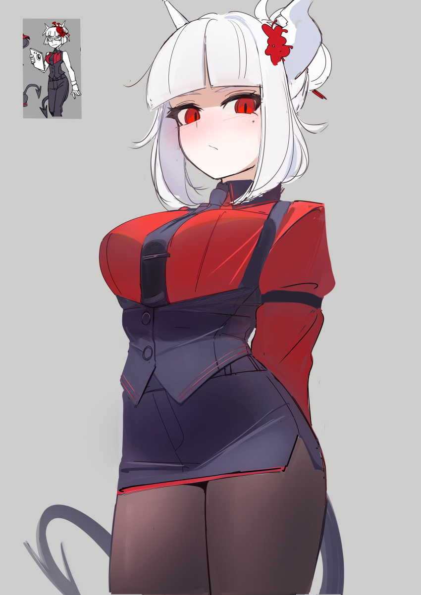 1girl absurdres apron arms_behind_back black_apron blunt_bangs blush brown_pantyhose demon_horns demon_tail grey_background helltaker highres horns lucifer_(helltaker) mole mole_under_eye pantyhose red_eyes red_shirt shirt short_hair simple_background solo tail tarodqn white_horns