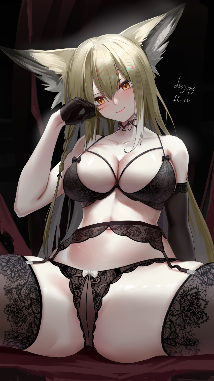 1girl absurdres animal_ears arknights asymmetrical_gloves black_background black_bra black_gloves black_panties black_thighhighs blonde_hair bra braid breasts brown_eyes cleavage closed_mouth commentary_request dated disjoy elbow_gloves facial_scar fox_ears fox_girl garter_straps gloves hair_between_eyes hand_up highres large_breasts lingerie long_hair navel neck_tattoo panties scar scar_on_cheek scar_on_face single_braid single_elbow_glove smile solo tattoo thighhighs underwear underwear_only uneven_gloves vulpisfoglia_(arknights)