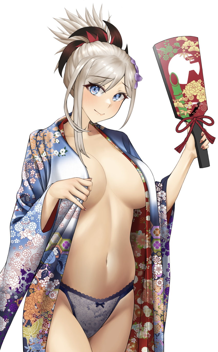 1girl absurdres blue_eyes blue_panties bow bow_panties breasts cowboy_shot fate/grand_order fate_(series) floral_print flower grey_hair hagoita hair_bun hair_flower hair_ornament highres holding holding_paddle japanese_clothes karakari kimono lace lace-trimmed_panties lace_trim lingerie looking_at_viewer medium_breasts miyamoto_musashi_(fate) multicolored_clothes multicolored_kimono nail_polish navel open_clothes open_kimono paddle panties red_nails short_hair simple_background solo stomach underwear white_background