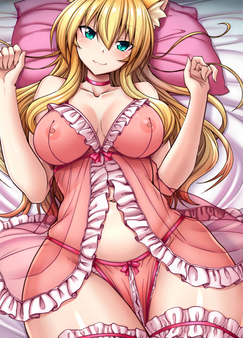 1girl animal_ear_fluff animal_ears blonde_hair blush breasts cat_ears green_eyes hair_between_eyes highres lingerie long_hair looking_at_viewer lying nipples nokoppa original pillow see-through_clothes smile solo underwear