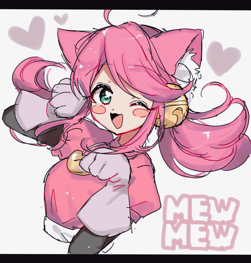 1girl animal_ears bell cat_ears cat_girl green_eyes hair_bell hair_ornament heart heart_necklace heart_pendant highres jewelry jingle_bell mad_mew_mew necklace one_eye_closed open_mouth paw_pose pink_hair pink_shirt shirt undertale yuri_(miiiiikun0515)