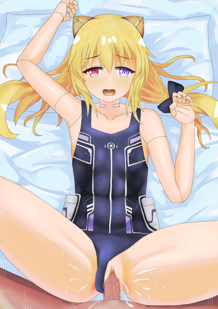 1girl blonde_hair censored collarbone doll_joints joints long_hair missionary muramasa_(senran_kagura) on_bed open_mouth penis pillow school_swimsuit senran_kagura senran_kagura_new_wave sex solo_focus swimsuit vaginal yoruichiba