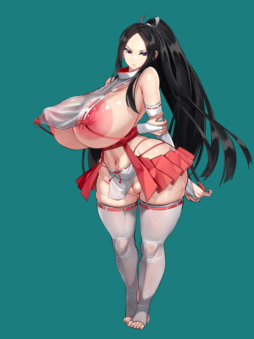 1girl areola_slip arms_behind_back black_hair borrowed_character breast_curtains breasts bridal_gauntlets cleft_of_venus covered_erect_nipples curvy elbow_gloves fat_mons full_body gigantic_breasts gloves groin hair_ornament highres hip_vent huge_areolae huge_nipples japanese_clothes kawahagitei loincloth loincloth_lift long_hair miko nipple_slip nipples no_panties nontraditional_miko original ponytail puffy_areolae puffy_nipples purple_eyes pussy revealing_clothes ribbon-trimmed_gloves ribbon-trimmed_legwear ribbon_trim sideboob solo standing thighhighs thighs underboob very_long_hair wide_hips