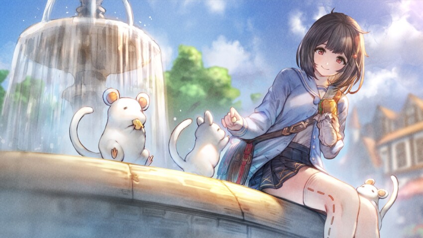 1girl 3others black_hair fountain granblue_fantasy granblue_fantasy_versus:_rising highres mouse_(animal) multiple_others official_art outdoors red_eyes vikala_(granblue_fantasy)