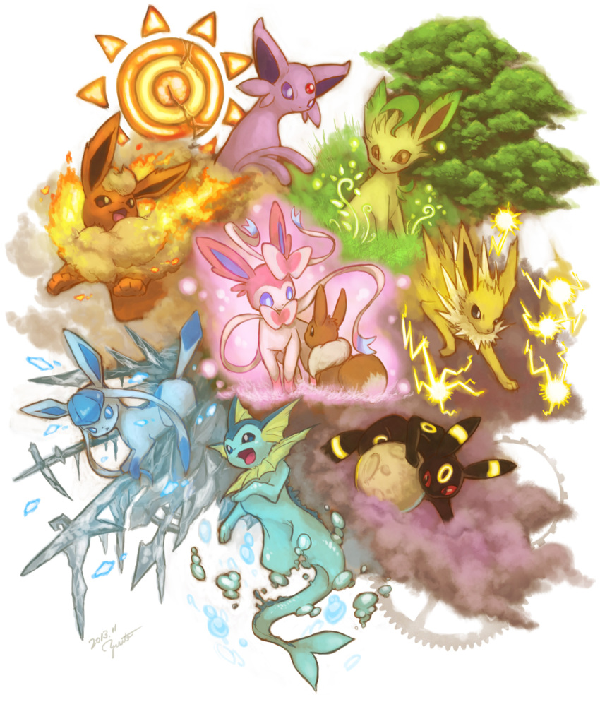 air_bubble blue_eyes bubble creatures_(company) eevee electricity espeon evolutionary_line fire flareon full_body game_freak gen_1_pokemon gen_2_pokemon gen_4_pokemon gen_6_pokemon glaceon highres ice jolteon leafeon moon nintendo no_humans on_mini_planet pokemon pokemon_(creature) sun_symbol sylveon umbreon vaporeon white_background yorujisa_yuuto