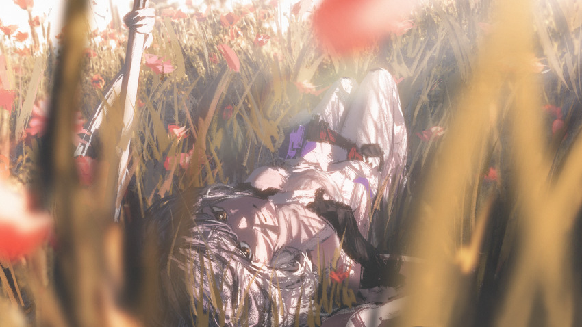 1girl absurdres blurry blurry_foreground dress goddess_of_victory:_nikke grass grey_hair highres knees_up looking_at_viewer lying on_back outdoors scarlet_(nikke) shiej007 solo white_dress yellow_eyes