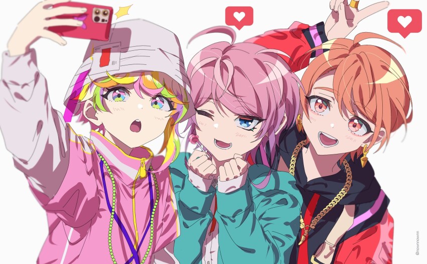 3boys amemura_ramuda androgynous blonde_hair blue_eyes green_eyes green_hair heart highres hypnosis_mic male_focus maruyama_reo misuji_kantaro multicolored_eyes multicolored_hair multiple_boys nownnownn orange_eyes orange_hair paradox_live pink_eyes pink_hair purple_eyes purple_hair selfie spoken_heart white_background