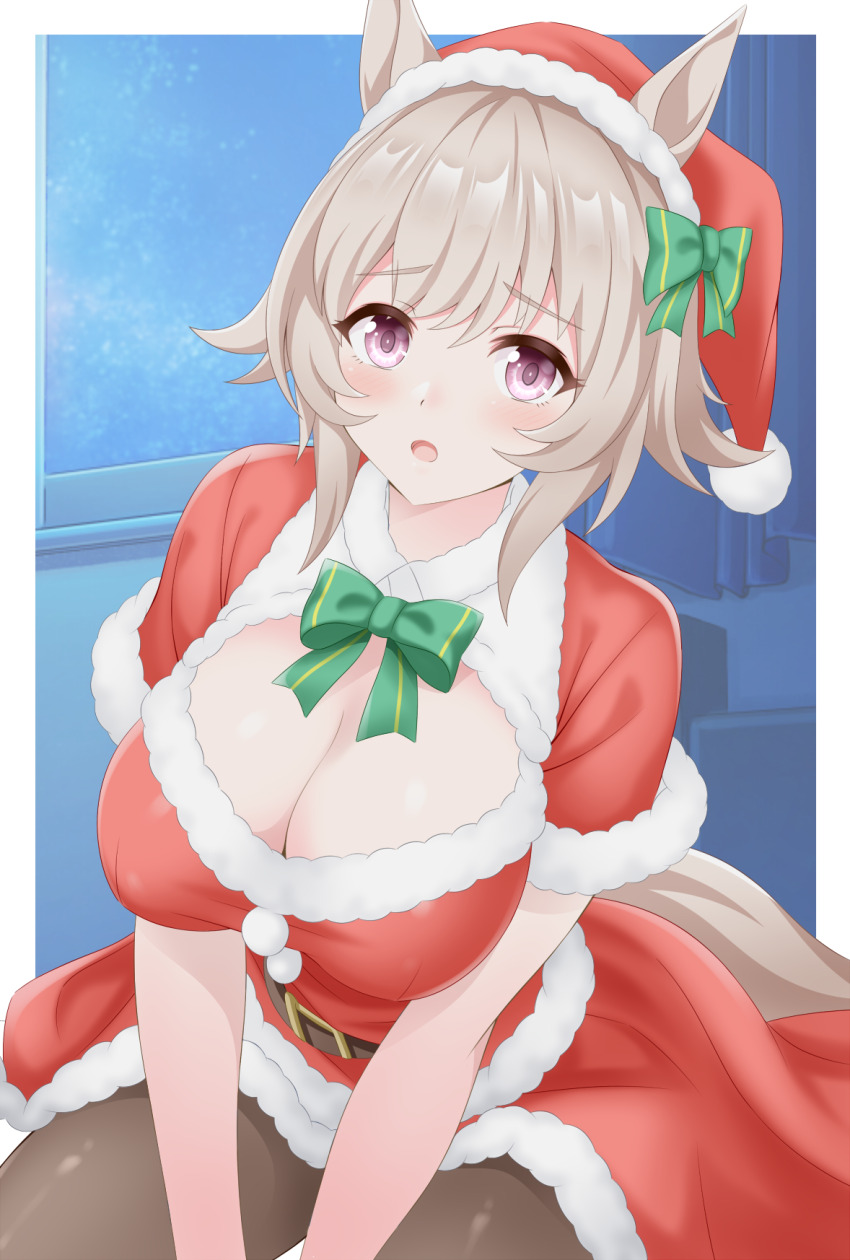 1girl animal_ears belt breasts christmas commentary_request curren_chan_(umamusume) grey_hair gurukorian hair_between_eyes hair_ornament hat highres horse_ears horse_girl looking_at_viewer medium_breasts open_mouth pantyhose purple_eyes ribbon santa_costume santa_hat solo umamusume window