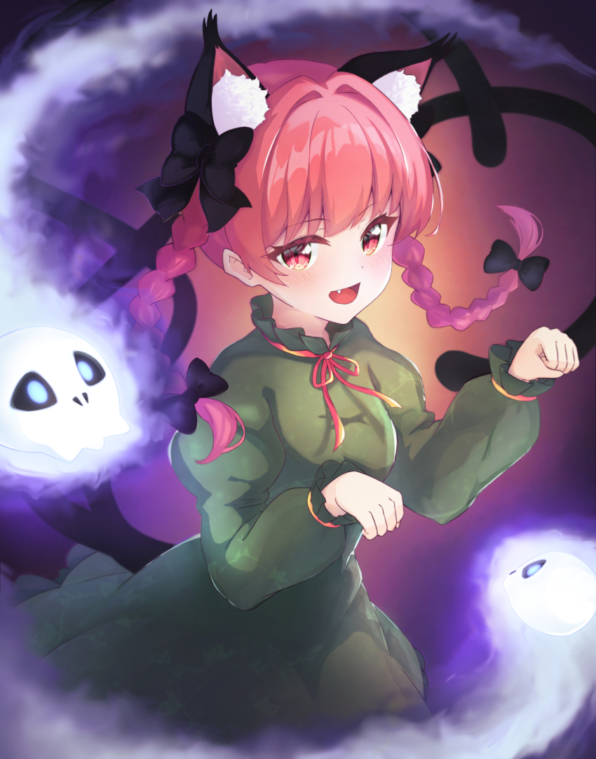 1girl animal_ear_fluff animal_ears braid breasts cat_ears cat_girl cat_tail dress fang green_dress highres hitodama juliet_sleeves kaenbyou_rin kaseki long_hair long_sleeves looking_at_viewer multiple_tails open_mouth puffy_sleeves purple_background red_eyes red_hair side_braids skull solo tail touhou twin_braids two_tails