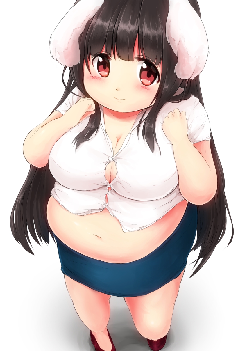 1girl absurdres animal_ears bad_id bad_pixiv_id belly black_hair blue_skirt blush breasts bursting_belly bursting_breasts button_gap cleavage closed_mouth collared_shirt fat hands_on_own_chest happy high_heels highres large_breasts long_hair looking_at_viewer looking_up midriff munimuni_kinoko navel office_lady original pencil_skirt plump puuchi_(munimuni_kinoko) rabbit_ears rabbit_girl red_eyes red_footwear shirt sidelocks simple_background skirt smile solo standing stomach undersized_clothes white_background white_shirt