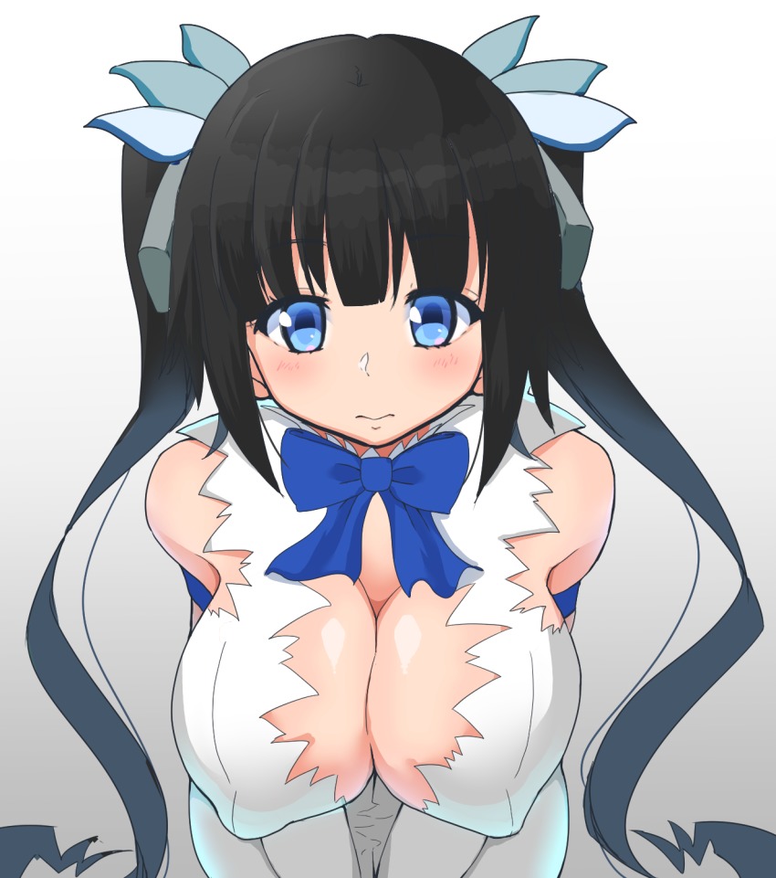 10s 1girl arm_ribbon black_hair blue_eyes blue_ribbon breasts cleavage cleavage_cutout clothing_cutout dress dungeon_ni_deai_wo_motomeru_no_wa_machigatteiru_darou_ka female_focus gloves hair_ribbon hestia_(danmachi) highres large_breasts long_hair looking_at_viewer mikaponcho rei_no_himo ribbon sleeveless sleeveless_dress solo twintails white_dress white_gloves