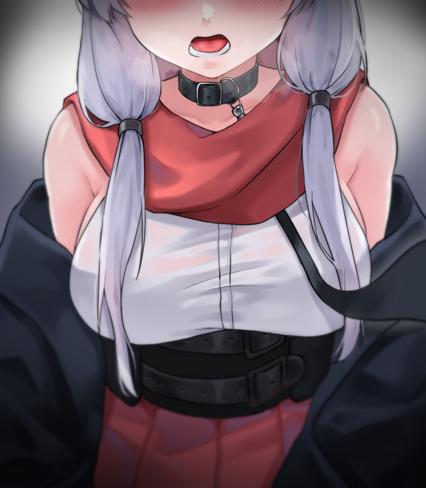 1girl artist_request bare_shoulders belt black_choker breasts choker commentary_request commission hair_over_shoulder head_out_of_frame heavy_breathing highres korean_commentary large_breasts leash long_hair low_twintails off_shoulder open_mouth original pleated_skirt red_scarf red_skirt scarf second-party_source shirt skirt sleeveless sleeveless_shirt solo twintails underbust upper_body white_hair white_shirt