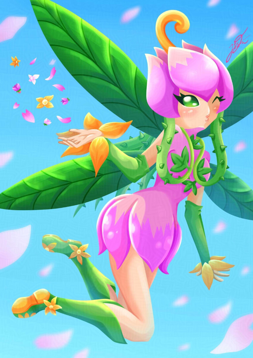 1girl digimon digimon_(creature) fairy flower lilimon monster_girl petals plant_girl solo