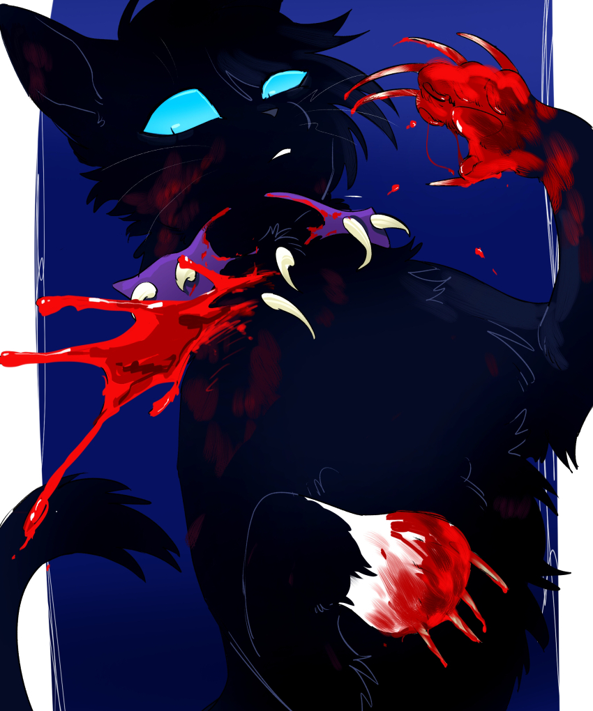 absurdres animal animal_focus black_cat black_fur blood blood_on_face blue_background blue_eyes border cat claws collar commentary_request highres nikunan no_humans partial_commentary pawpads purple_collar scourge_(warrior_cats) simple_background slit_pupils solo spiked_collar spikes tail the_prophecies_begin warrior_cats whiskers white_border