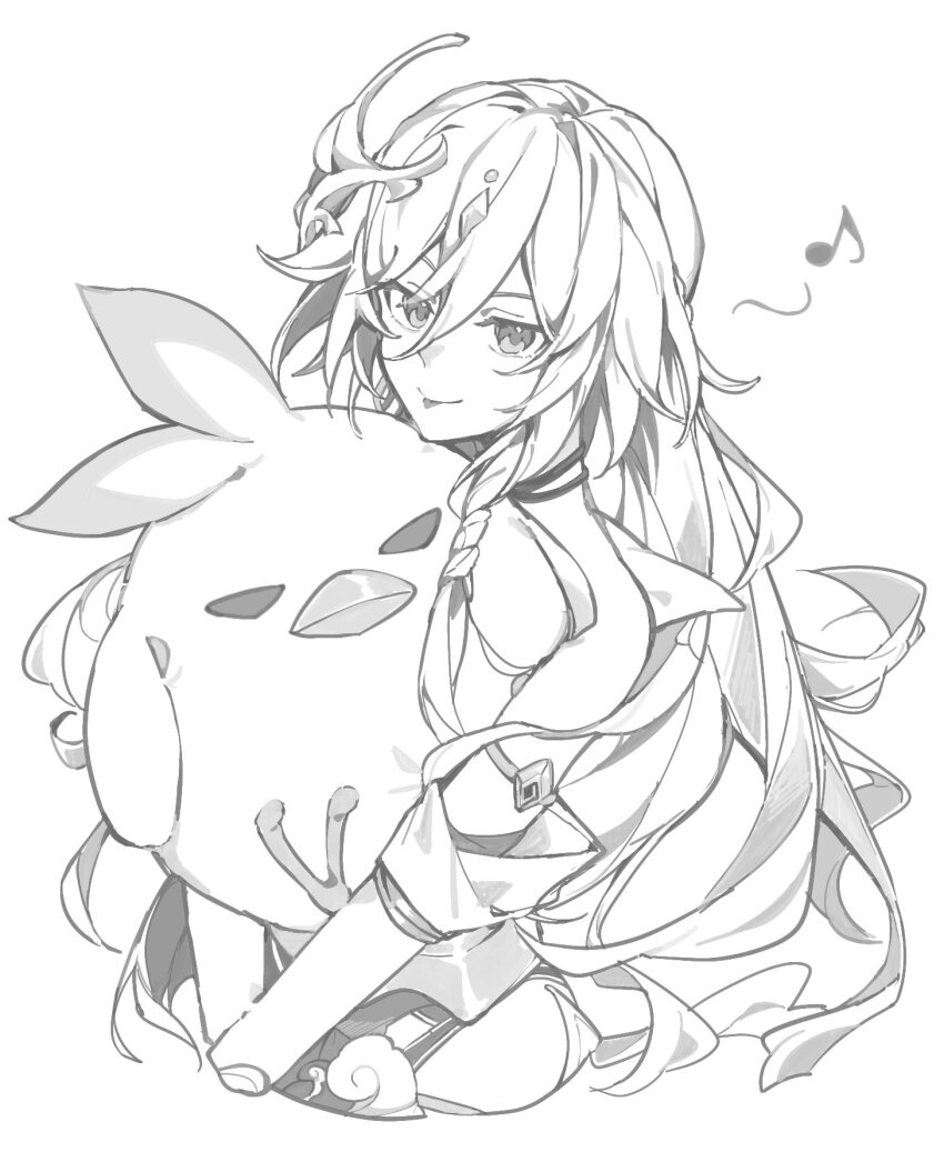 1girl animal bird eighth_note fu_hua fu_hua_(herrscher_of_sentience) hair_between_eyes hair_ornament highres holding holding_animal holding_bird honkai_(series) honkai_impact_3rd jingwei_(honkai_impact) long_hair looking_at_viewer monochrome musical_note nonaa4141 solo tongue tongue_out very_long_hair