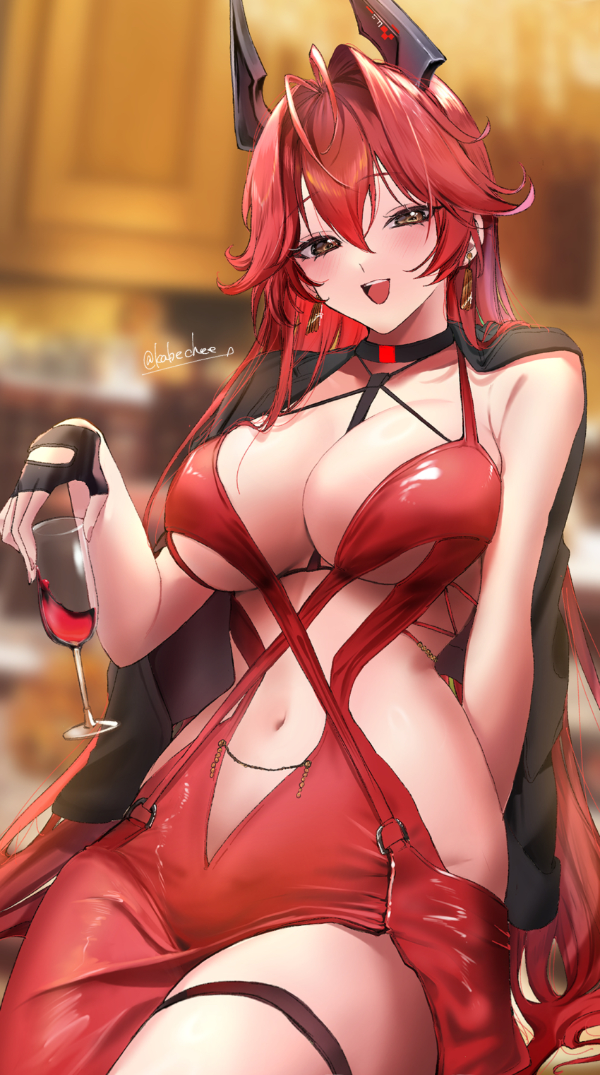 1girl :d alcohol antenna_hair between_breasts black_choker black_gloves black_jacket breasts chikabe choker cleavage clothing_cutout collarbone commentary_request cowboy_shot cup dress drinking_glass earrings evening_gown fingerless_gloves gloves goddess_of_victory:_nikke hair_between_eyes hair_flaps highres holding holding_cup horns jacket jacket_on_shoulders jewelry large_breasts long_hair looking_at_viewer mechanical_horns navel navel_cutout official_alternate_costume open_mouth red_dress red_hair red_hood_(nikke) red_hood_(nonsense_red)_(nikke) red_wine revealing_clothes sidelocks sitting skindentation sleeveless sleeveless_dress smile solo stomach strap_between_breasts teeth thigh_strap twitter_username upper_teeth_only wine wine_glass yellow_eyes