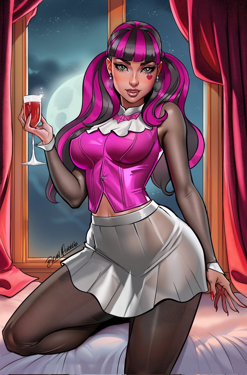 1girl alcohol black_hair black_pantyhose black_shirt brian_miroglio cheek_tattoo cup draculaura drinking_glass earrings full_moon green_eyes heart heart_tattoo highres holding holding_cup indoors jewelry long_hair looking_at_viewer miniskirt monster_high moon multicolored_hair night pantyhose paperclip_earrings pink_hair pink_vest red_wine see-through_clothes see-through_shirt shirt signature skirt solo tattoo twintails two-tone_hair vest white_skirt window wine wine_glass