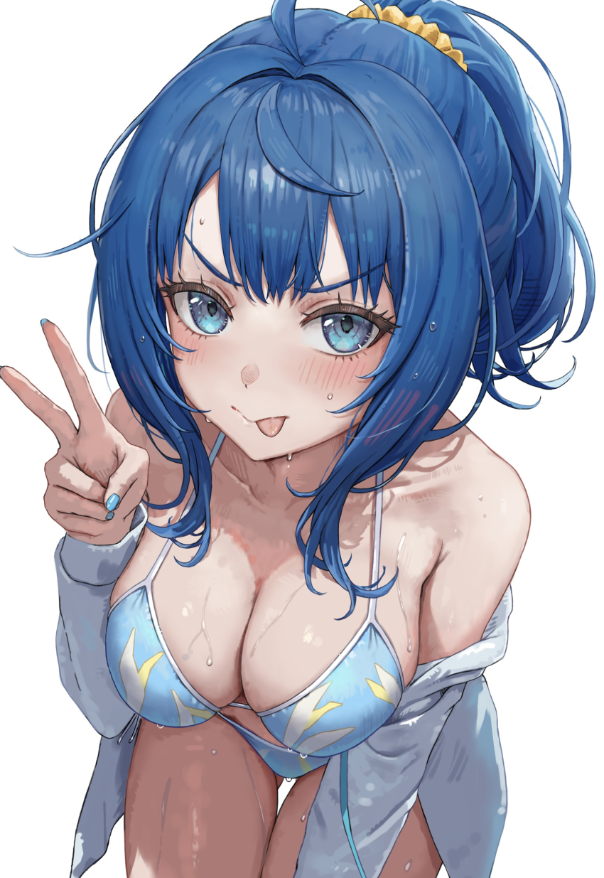 1girl absurdres ahoge bikini blue_bikini blue_eyes blue_hair blue_nails breasts cleavage collarbone highres jacket large_breasts leaning_forward make_heroine_ga_oo_sugiru! medium_hair nail_polish ottoseijin ponytail simple_background solo swimsuit thigh_gap v wet white_background white_jacket yanami_anna