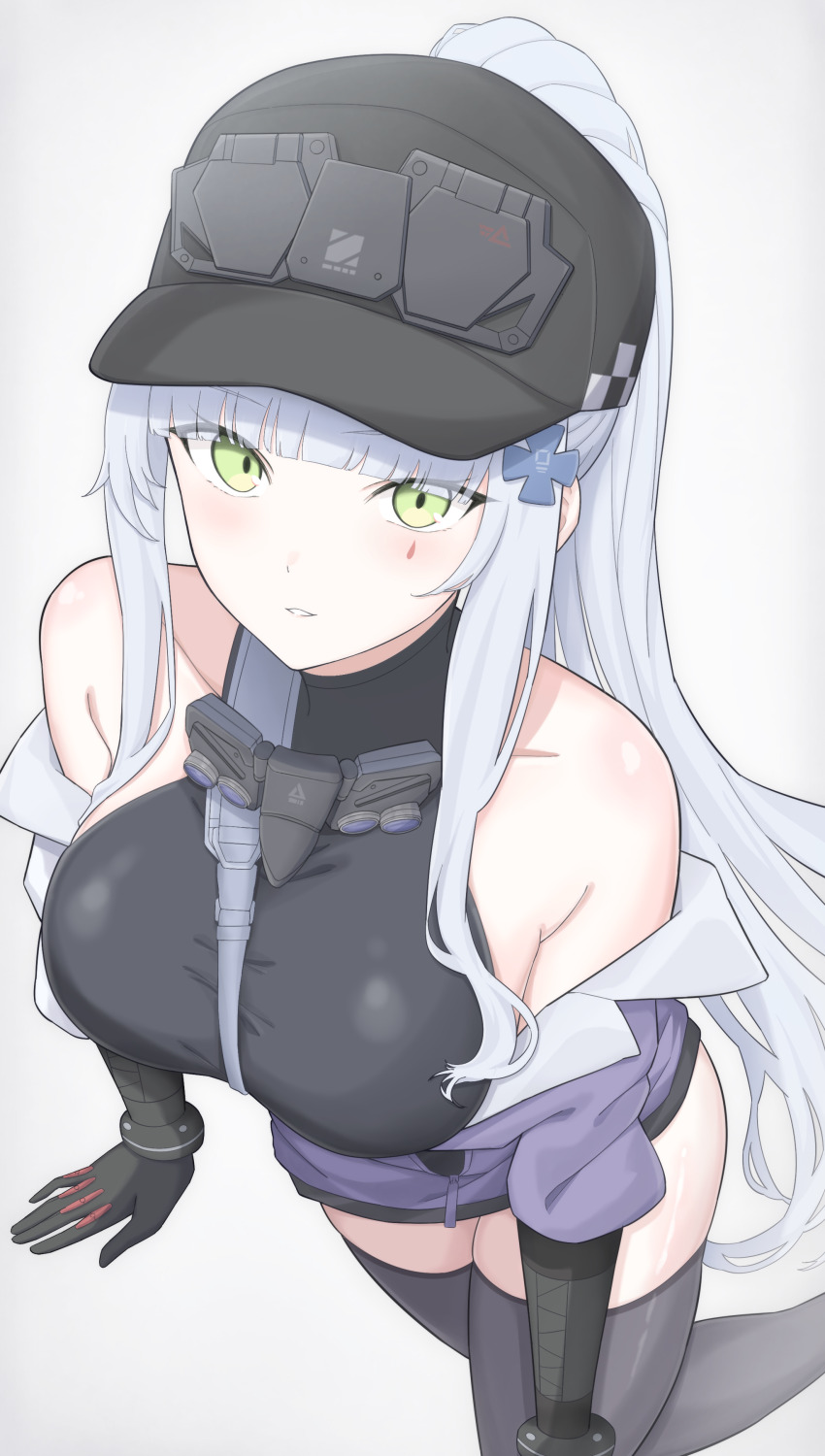 1girl absurdres bare_shoulders baseball_cap black_hat black_thighhighs collarbone girls&#039;_frontline girls&#039;_frontline_2:_exilium green_eyes grey_background grey_hair hat highres hk416_(girls&#039;_frontline) jacket klukai_(girls&#039;_frontline_2) long_hair looking_at_viewer looking_up off_shoulder ponytail purple_hair purple_jacket simple_background skindentation solo teardrop_facial_mark thighhighs uchikata_takeaki