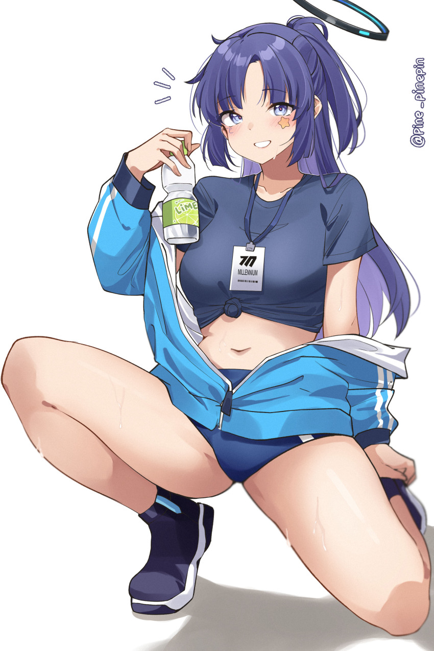 1girl absurdres bare_legs black_shirt blue_archive blue_eyes blue_jacket bottle buruma commentary crop_top grin half_updo halo highres holding holding_bottle jacket lanyard long_hair long_sleeves looking_at_viewer midriff navel official_alternate_costume pinepin purple_footwear purple_hair revision shirt shoes short_sleeves simple_background smile solo stomach thighs tied_shirt very_long_hair white_background yuuka_(blue_archive) yuuka_(track)_(blue_archive)