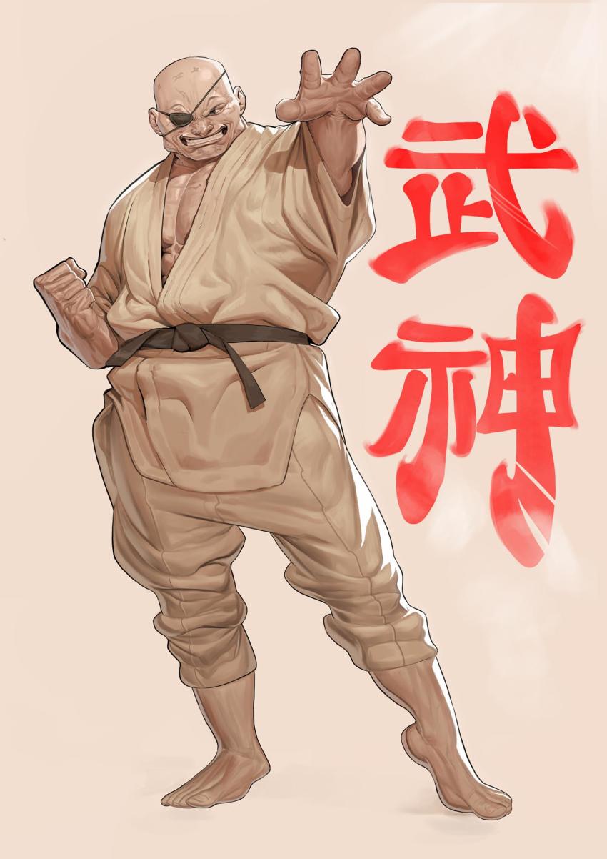 1boy 2022 artist_request bald barefoot chinese_zodiac clenched_hand clenched_teeth dougi eyepatch full_body grappler_baki grin highres looking_away muscular orochi_doppo scar simple_background smile teeth translation_request year_of_the_tiger