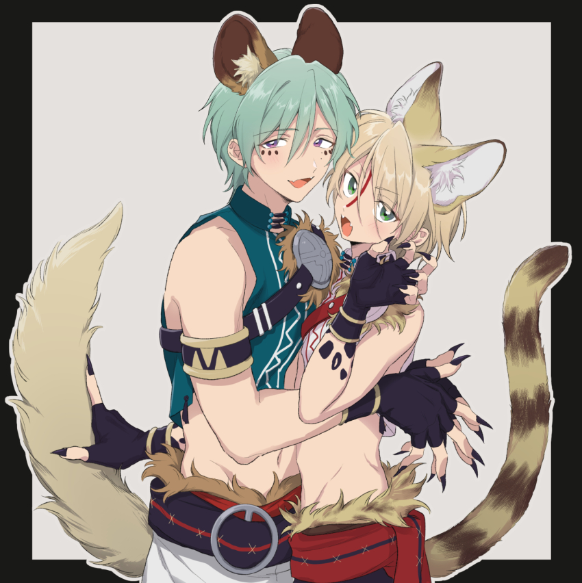 0000972 2boys animal_ears aqua_hair aqua_shirt arm_behind_another&#039;s_back armlet bangle bishounen black_border black_gloves black_nails black_sash blonde_hair border bracelet brooch brown_tail cat_boy claw_pose cowboy_shot crop_top double-parted_bangs ensemble_stars! extra_ears fangs fingerless_gloves fingernails fur-trimmed_sash gloves green_eyes grey_background groin hair_between_eyes hand_up highres holding_another&#039;s_tail hyena_boy hyena_ears implied_yaoi jewelry kazehaya_tatsumi kemonomimi_mode long_fingernails looking_at_viewer male_focus mandarin_collar mark_between_eyes mark_under_both_eyes multiple_boys nail_polish navel official_alternate_costume open_mouth outside_border own_hands_together pants pectoral_docking pectoral_press purple_eyes red_sash sash serval shiratori_aira_(beasts&#039;_survival)_(ensemble_stars!) shiratori_aira_(ensemble_stars!) shirt short_hair shoulder_sash simple_background skin_fangs sleeveless sleeveless_shirt stomach striped_tail swept_bangs tail turning_head two-tone_tail waist_sash white_pants white_shirt yellow_tail