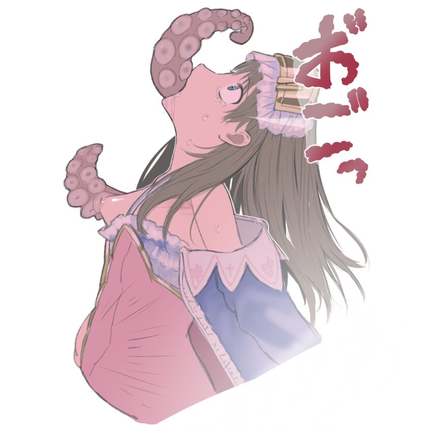 1girl all_the_way_through atelier_(series) atelier_totori bare_shoulders breasts brown_hair crying crying_with_eyes_open hairband highres leotard long_hair rape simple_background sketch small_breasts solo suction_cups tears tentacles totooria_helmold upper_body wakuraba white_background wide-eyed