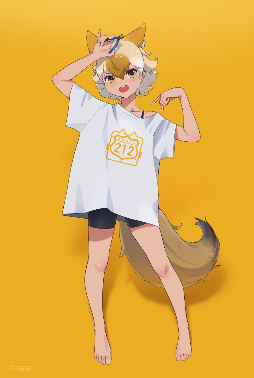 1girl absurdres animal_ears barefoot beleven blonde_hair bra coyote_(kemono_friends) diagonal_pliers extra_ears full_body highres kemono_friends kemono_friends_v_project leggings looking_at_viewer shirt short_hair simple_background solo t-shirt tail underwear virtual_youtuber wolf_ears wolf_girl wolf_tail yellow_background yellow_eyes