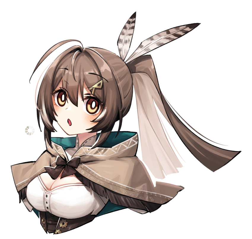 1girl :o adarin ahoge brown_capelet brown_cloak brown_corset brown_eyes brown_hair buffering capelet cleavage_cutout cloak clothing_cutout corset feather_hair_ornament feathers hair_ornament hairclip hieroglyphics highres hololive hololive_english long_hair looking_at_viewer multicolored_hair nanashi_mumei nanashi_mumei_(1st_costume) ponytail ribbon shirt streaked_hair upper_body very_long_hair virtual_youtuber white_shirt