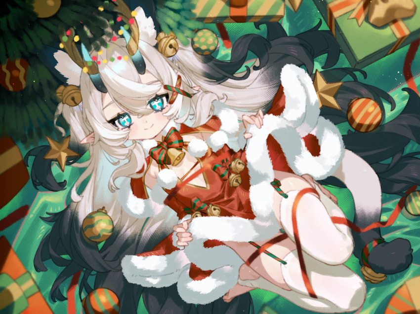 +_+ 1girl animal_ear_fluff animal_ears bell blue_eyes blush bow bowtie box breasts cat_ears cat_girl cat_tail christmas christmas_ornaments christmas_tree dress fake_antlers fur_trim garter_straps gift gift_box gradient_hair grey_hair hair_bell hair_between_eyes hair_ornament hair_ribbon highres horn_ornament horns jingle_bell long_hair long_sleeves looking_at_viewer lying mosou_cat_girl_(mosou_keito) mosou_keito multicolored_hair neck_bell on_back original pointy_ears red_dress ribbon small_breasts smile solo stirrup_legwear tail tail_bell tail_ornament thighhighs toeless_legwear white_thighhighs zettai_ryouiki