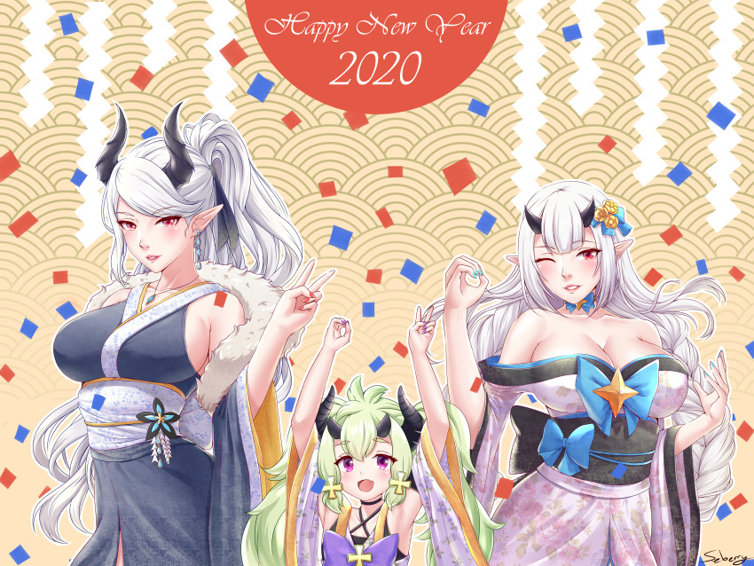 2020 3girls absurdres alencia_(epic_seven) alternate_costume alternate_hairstyle armpits arms_up aunt_and_niece bare_shoulders black_horns blue_bow blue_kimono blue_nails blush bow bow_choker braid breasts choker cleavage collarbone commentary confetti cross_hair_ornament detached_sleeves dragon_girl dragon_horns earrings english_commentary epic_seven fang flat_chest floral_print flower fur-trimmed_kimono fur_trim gesture green_hair hair_between_eyes hair_bow hair_flower hair_ornament happy_new_year height_difference high_ponytail highres horns huge_filesize japanese_clothes jewelry kimono large_breasts long_hair luna_(epic_seven) multiple_girls nail_polish necklace new_year obi off_shoulder one_eye_closed parted_lips patterned_background pink_kimono pointy_ears print_kimono purple_bow purple_eyes purple_nails red_eyes red_nails sash seberry siblings sideboob sidelocks signature sisters skin_fang sleeveless sleeveless_kimono swept_bangs thick_eyebrows twin_braids twintails very_long_hair white_hair wide_sleeves yufine_(epic_seven)