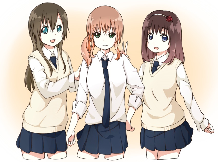 3girls :d aqua_eyes basehu baseu blonde_hair blue_eyes brown_hair cropped_legs female_focus flower green_eyes hair_flower hair_ornament hairband long_hair long_sleeves looking_at_viewer miwa_ai multiple_girls necktie oomuro-ke open_mouth school_uniform skirt smile sonokawa_megumi sweater_vest v yaeno_miho yuru_yuri