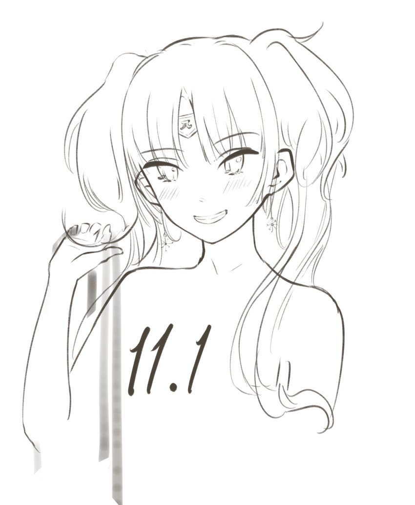 1girl artia artia_(artist) bad_id bad_twitter_id greyscale half-closed_eyes hand_in_own_hair headband highres holding holding_own_hair hololive hololive_china looking_at_viewer monochrome parted_bangs sketch solo twintails virtual_youtuber white_background