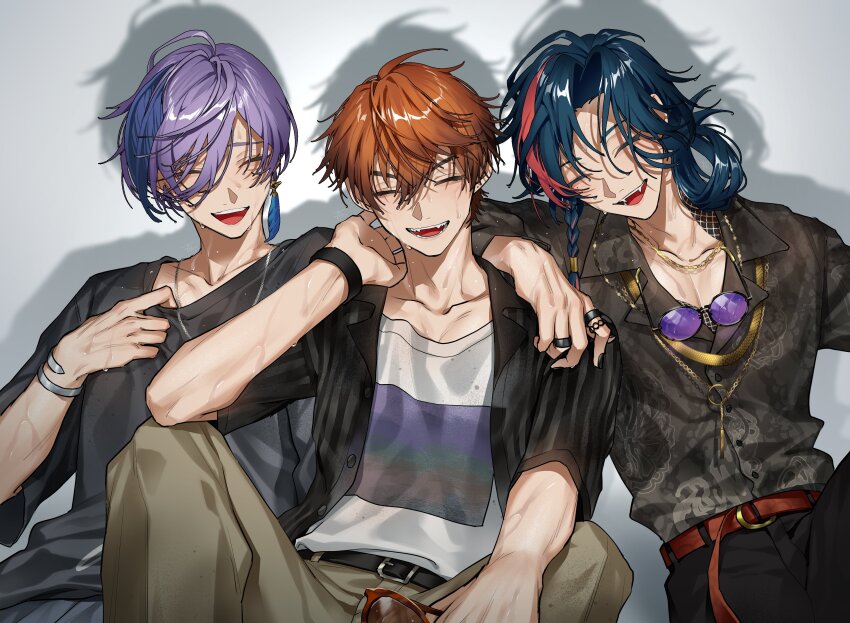 3boys 3skm_(nijisanji) ^_^ absurdres ahoge arm_on_another&#039;s_shoulder belt belt_buckle black_belt black_nails black_pants black_shirt black_wristband blue_hair bracelet braid brown_pants buckle buttons chain chain_necklace closed_eyes collarbone collared_shirt commentary_request crossed_bangs earrings eyewear_around_neck fangs feather_earrings feather_hair_ornament feathers fingernails floral_print glasses gold_chain gold_necklace grey_background hair_between_eyes hair_ornament hakobune_noark hand_up highres jewelry kaisei_(nijisanji) kitami_yusei knees_up long_hair multicolored_hair multiple_boys multiple_rings nail_polish necklace nijisanji open_clothes open_mouth open_shirt orange_hair pants parted_bangs print_shirt purple-tinted_eyewear purple_hair red_belt red_hair ring round_eyewear sakaki_ness shadow shirt shirt_tucked_in short_hair short_sleeves side_braid single_braid single_earring sitting smile streaked_hair striped_clothes striped_shirt swept_bangs t-shirt teeth tinted_eyewear upper_teeth_only v-shaped_eyebrows vertical-striped_clothes vertical-striped_shirt virtual_youtuber wet wet_hair white_shirt wristband