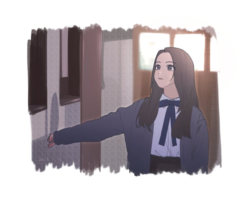 1girl blue_ribbon border brown_hair cardigan chinese_commentary chu_0618 commentary dated eunha_(gfriend) gfriend grey_cardigan highres indoors k-pop long_hair looking_up neck_ribbon real_life ribbon school school_uniform shirt shirt_tucked_in solo white_border white_shirt wing_collar