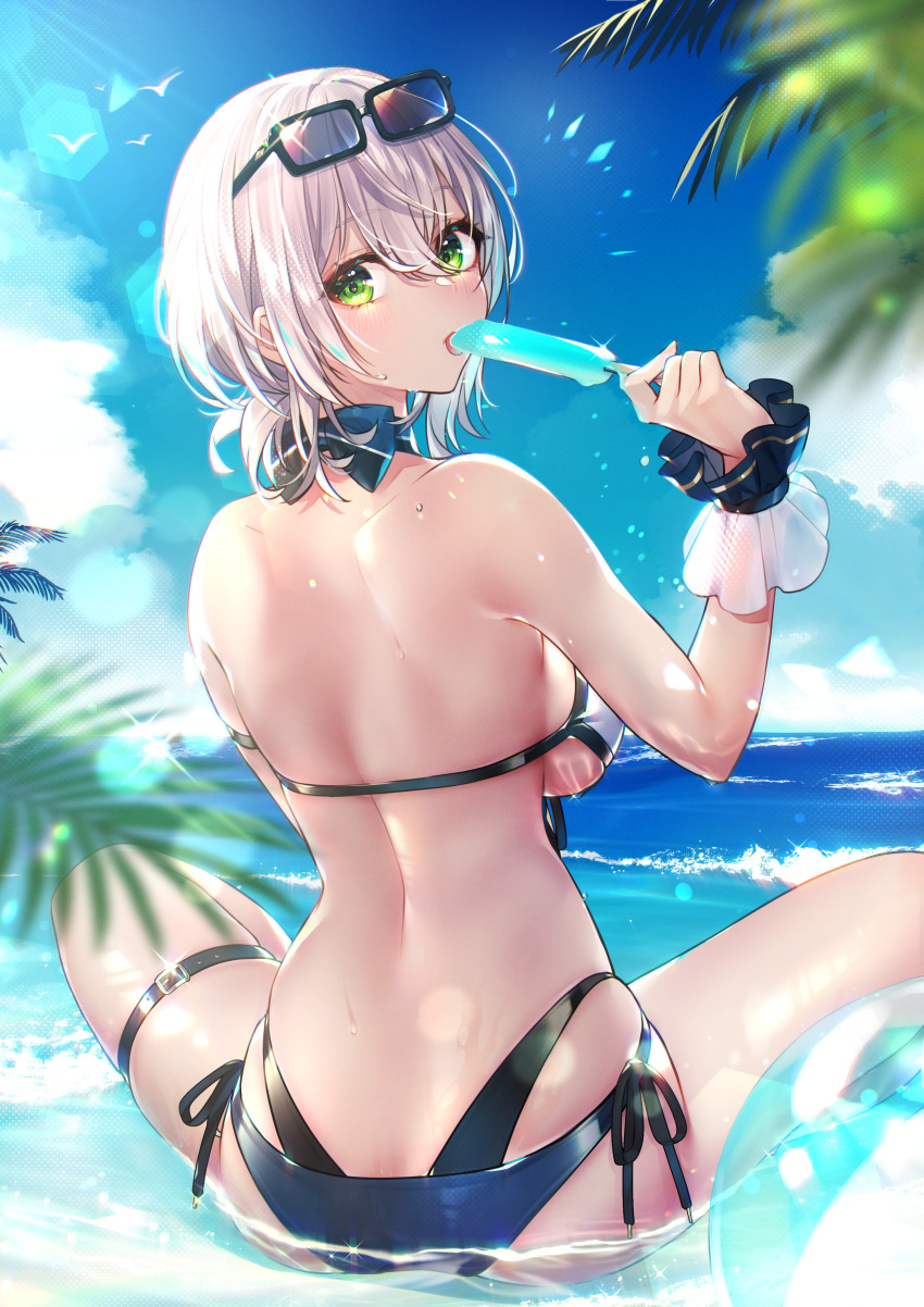 1girl absurdres ass back ball beachball bikini blue_bikini blue_sky blush bow breasts cloud day eyewear_on_head food front-tie_bikini_top front-tie_top green_eyes grey_hair highleg highleg_panties highres holding holding_food hololive kitazume_kumie large_breasts looking_at_viewer looking_back medium_breasts ocean palm_tree panties popsicle scrunchie shirogane_noel shirogane_noel_(summer_2020) short_hair side-tie_bikini_bottom sitting sky solo summer sunglasses swimsuit thigh_strap tree underwear virtual_youtuber water wet white_bikini wrist_scrunchie