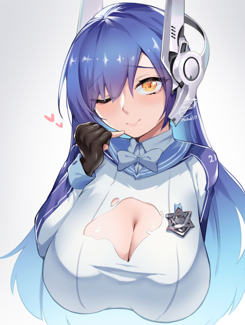 1girl blue_hair bow bowtie breasts cleavage commission enryuu_(rmxs3488) fingerless_gloves girls&#039;_frontline gloves headgear heart hexagram highres large_breasts long_hair looking_at_viewer one_eye_closed orange_eyes pinky_out pixiv_commission sailor_collar smile solo star_of_david tar-21_(girls&#039;_frontline) torn_clothes upper_body white_bow white_bowtie