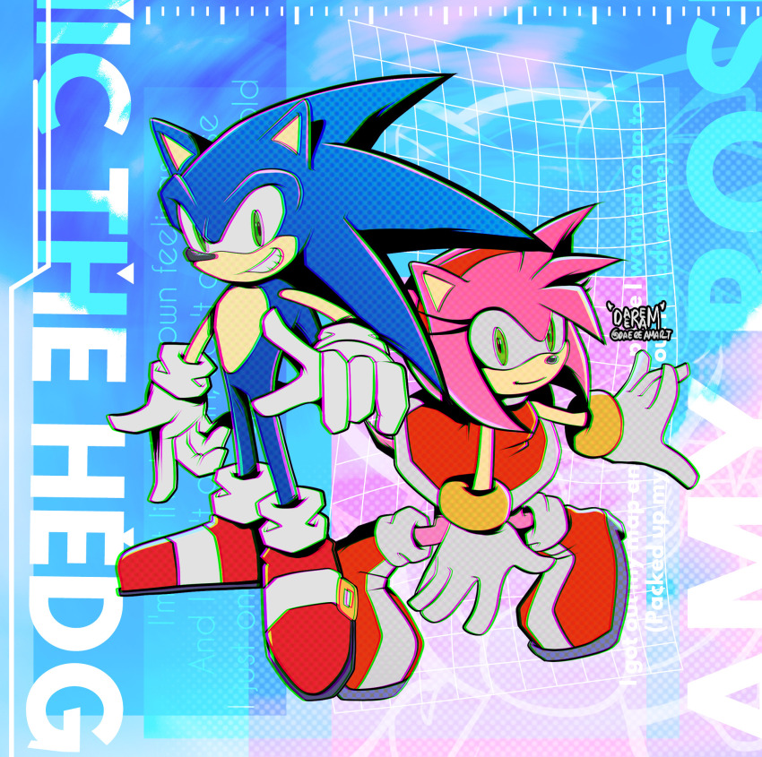 1boy 1girl amy_rose character_name daeream derivative_work dress full_body furry furry_female furry_male gloves green_eyes highres looking_at_viewer red_dress red_footwear sonic_(series) sonic_adventure sonic_the_hedgehog white_gloves