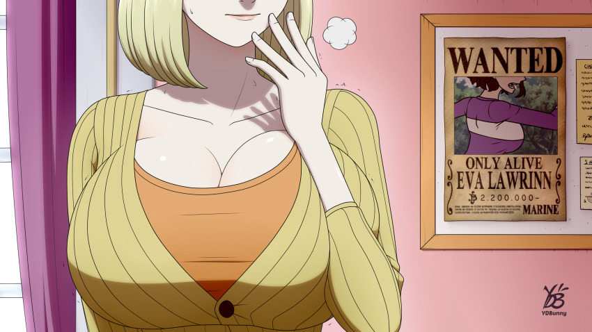 2girls blonde_hair breasts cleavage female_focus head_out_of_frame highres huge_breasts kaya_(one_piece) large_breasts medium_hair multiple_girls one_piece original skindentation sweatdrop upper_body wanted_poster ydbunny