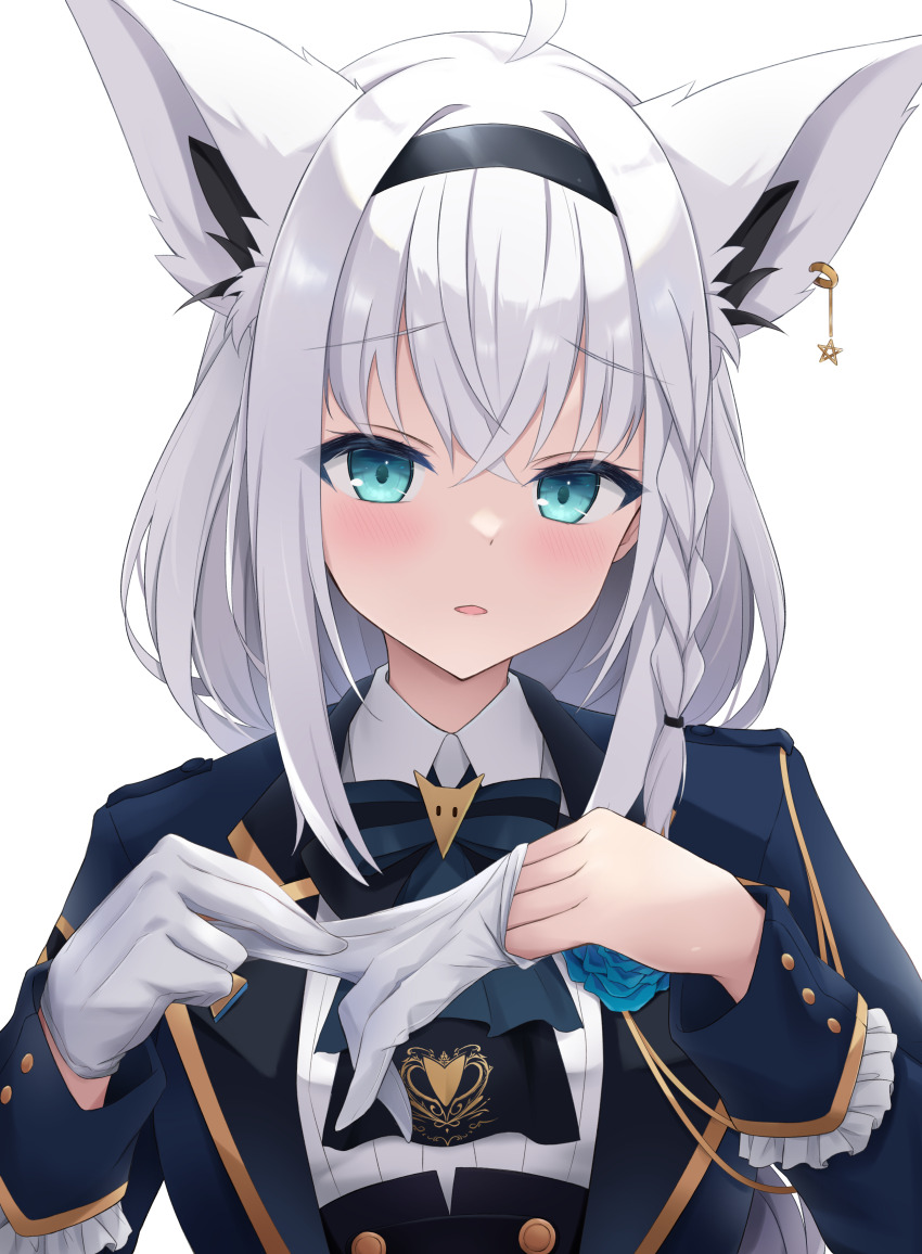 1girl absurdres ahoge animal_ear_fluff animal_ears aqua_eyes ascot black_ascot blue_bow blue_bowtie blue_jacket blush bow bowtie braid collared_shirt commentary_request fox_ears fox_girl gloves hands_up highres hololive jacket long_hair long_sleeves looking_at_viewer official_alternate_costume parted_lips removing_glove shirakami_fubuki shirakami_fubuki_(aristocrat_kei) shirt side_braid sidelocks simple_background sleeve_cuffs solo tf_(tfx2) upper_body virtual_youtuber white_background white_gloves white_hair white_shirt