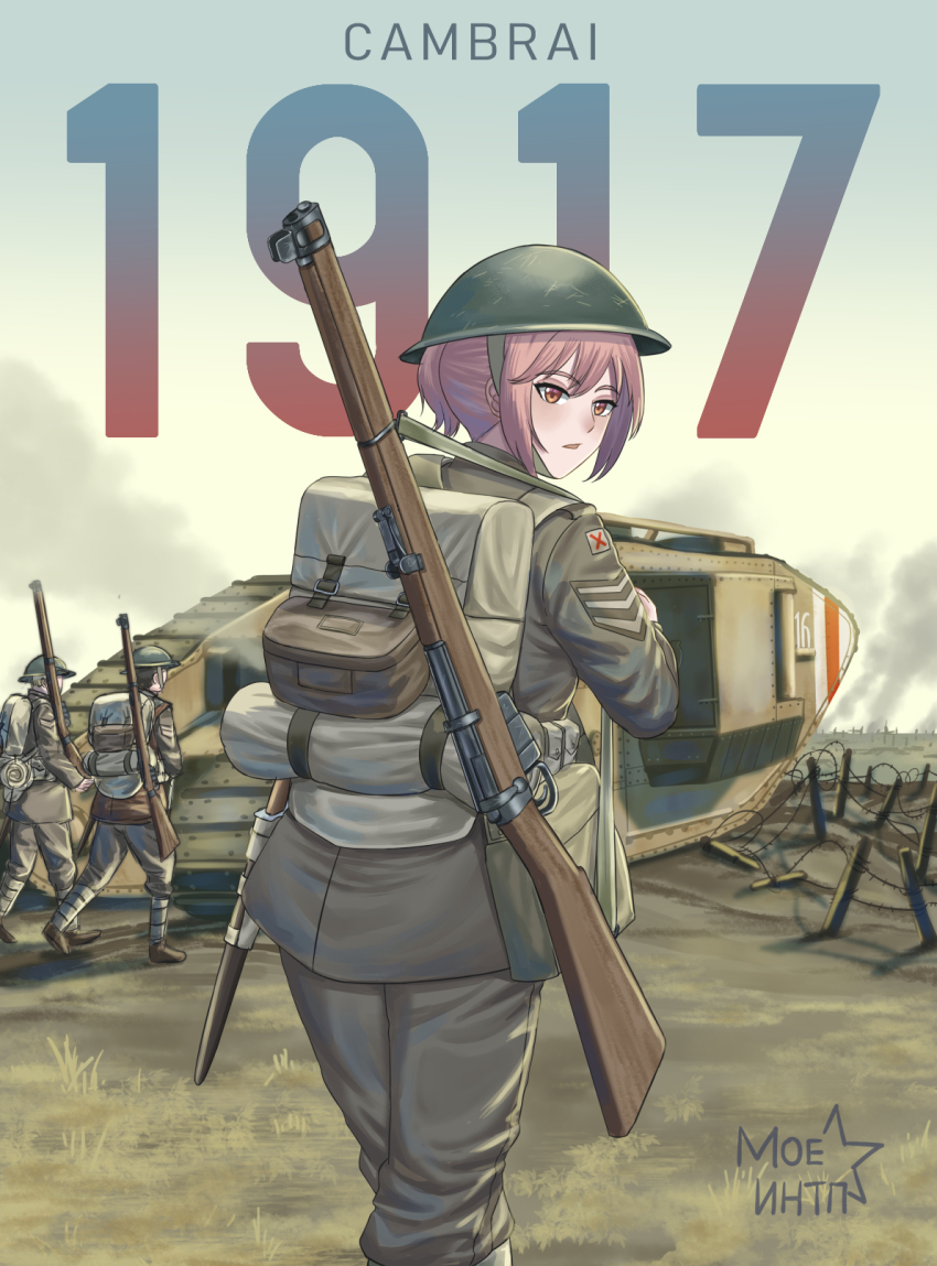 1girl 2boys barbed_wire bolt_action british_army brodie_helmet combat_helmet green_headwear grey_jacket grey_pants gun helmet highres jacket lee-enfield looking_at_viewer looking_back mark_iv_tank military_uniform military_vehicle moe_internationale motor_vehicle multiple_boys original pants pink_hair rifle tank trench weapon world_war_i