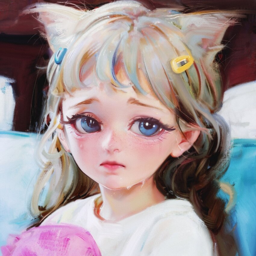 1girl animal_ears blonde_hair blue_eyes cat_ears cat_girl child closed_mouth commentary crying crying_with_eyes_open extra_ears hair_ornament hairclip highres long_hair looking_at_viewer original portrait pussy_willow_(sweetonedollar) sad shirt solo sweetonedollar symbol-only_commentary tears white_shirt