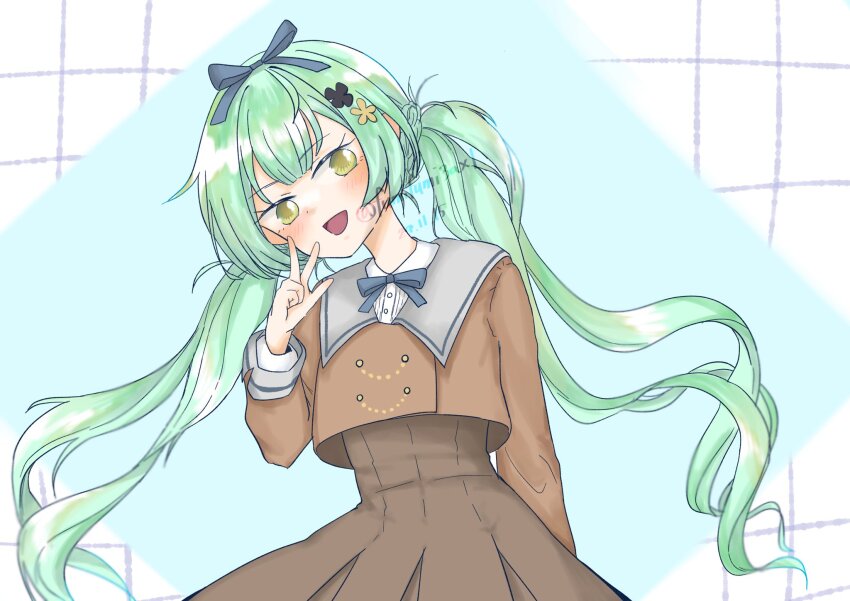 1girl :d arm_at_side assault_lily black_flower blue_background blue_ribbon blush brown_jacket brown_skirt collared_shirt commentary_request cowboy_shot cropped_jacket dated flower fumi_(fumifumi3axl) green_hair grid_background hair_flower hair_ornament hair_ribbon hand_up head_tilt high-waist_skirt highres jacket long_hair long_sleeves looking_at_viewer low_twintails neck_ribbon open_mouth pleated_skirt ribbon school_uniform shirt skirt smile solo standing twintails twitter_username two-tone_background ueda_imari v very_long_hair white_background white_shirt yellow_eyes yellow_flower